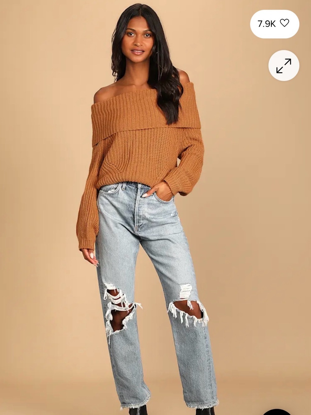 Lulu's Camel Off-Shoulder Ribbed Knit Sweater